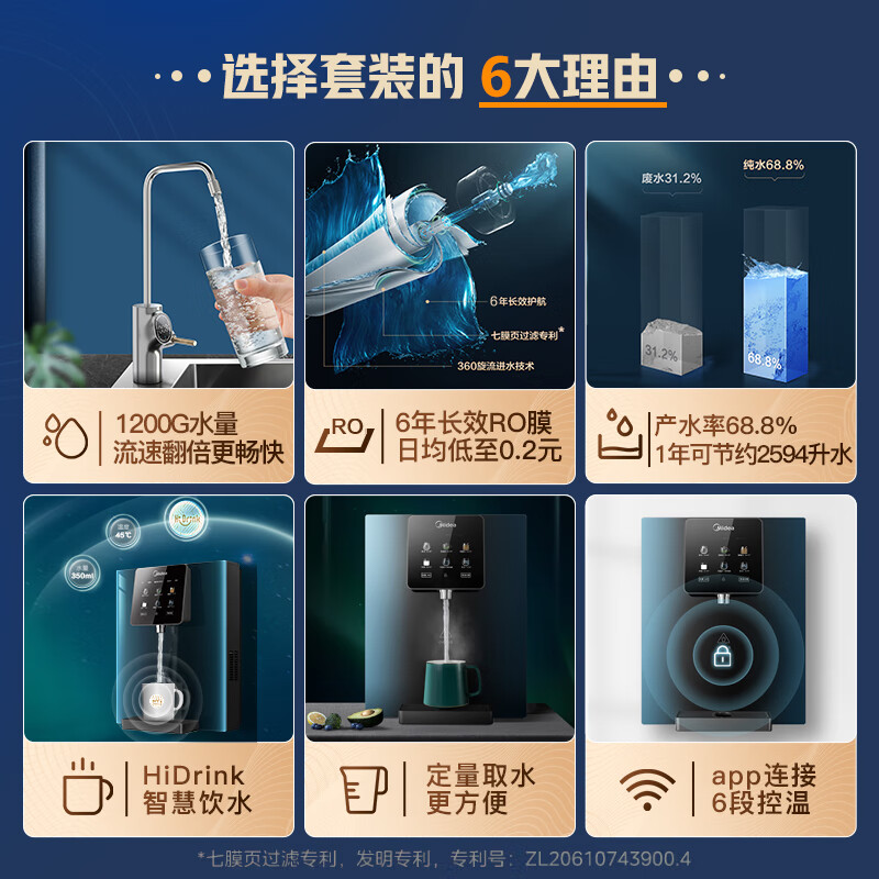 美的（Midea）直饮冷热净水器套装【白泽1200+管线机908D升级版】hidrink智能 家用壁挂式即热一体净饮机