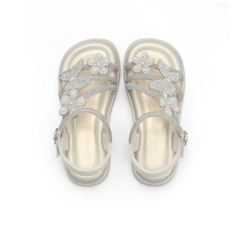 百丽花朵凉鞋童鞋2023夏季新商场同款钻带沙滩凉鞋A2305B63 米色 33