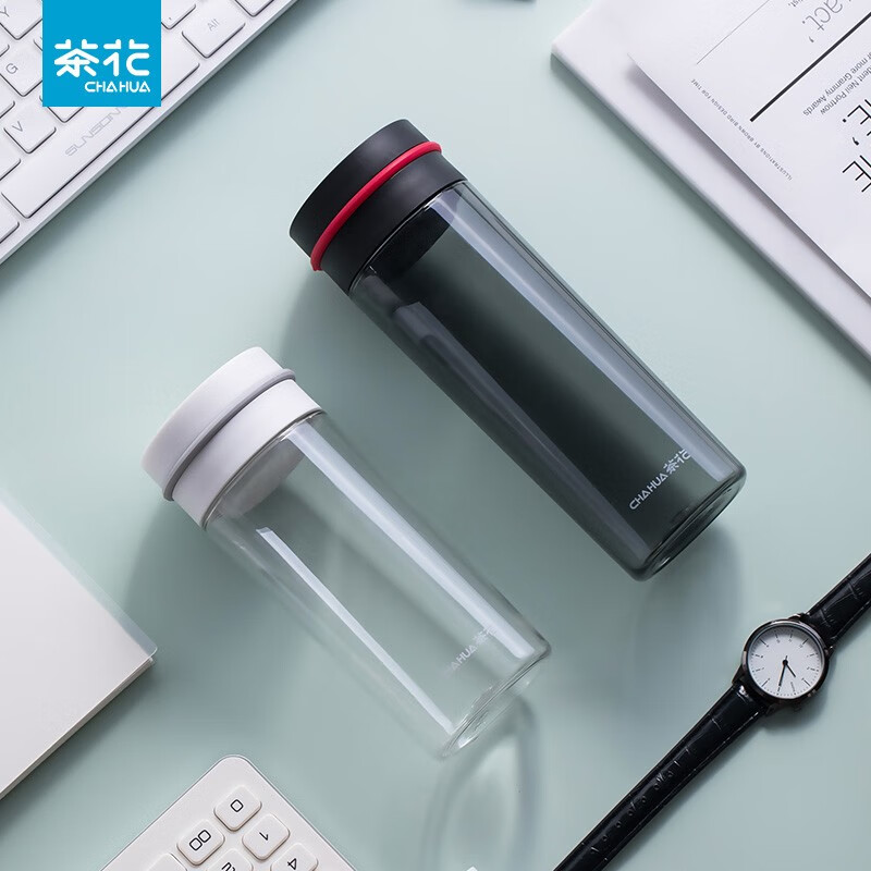 茶花（CHAHUA） 茶花水杯塑料茶杯运动旅行便携茶水分离杯瑞斯特随行杯 390ml【黑色050008】 1个装