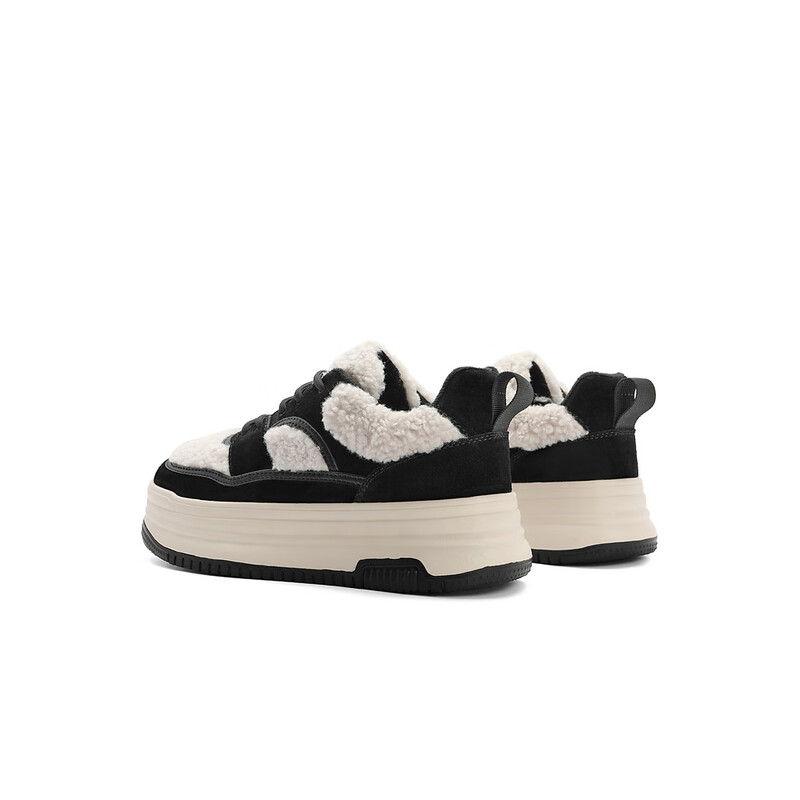 百丽百搭毛毛鞋女2023冬季新款撞色休闲毛毛板鞋B1511DM3预售 黑色 34