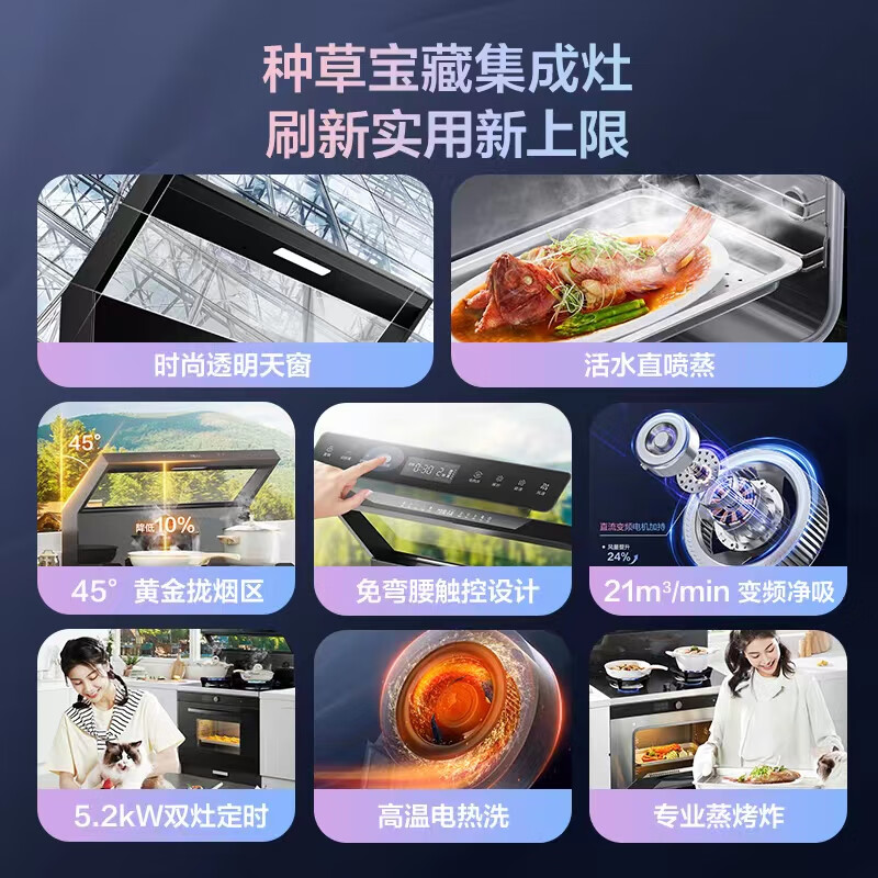 美的（Midea）出品 华凌小透明集成灶 变频21风量千帕强压 5.2KW燃气灶双灶定时 自清洁 蒸烤一体WX9S 天然气