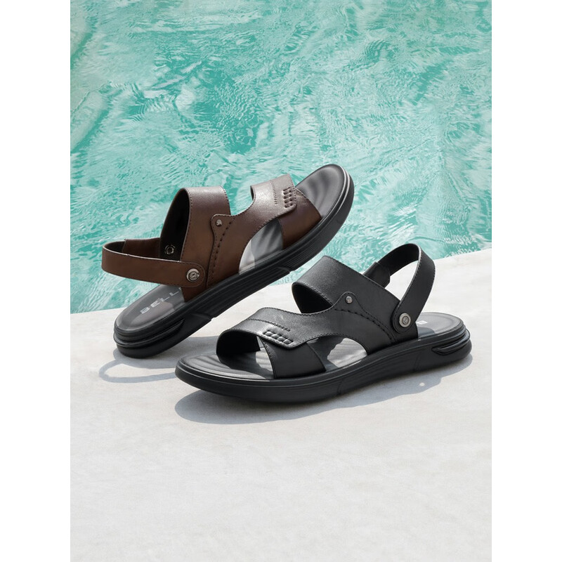 百丽两穿设计凉鞋男2023夏季新款商场同款牛皮真皮沙滩凉鞋7YF01BL3 棕色 39