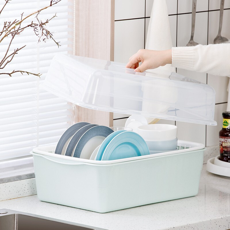 茶花（CHAHUA） 茶花欧式带盖碗碟架放碗架收纳盒沥水架装碗筷收纳箱碗柜置物 【大号】绿色【1817可立碟/带筷筒/分体式盖】