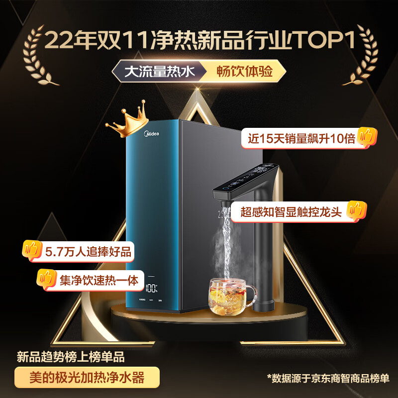 美的（Midea）极光800G加热净水器 多档控温TDS双数显龙头 流速2.0L/min 家用直饮厨下即滤净饮一体机MRO815-R
