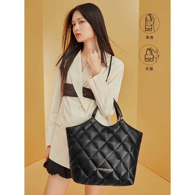 百丽时尚小香风菱格链条大容量托特包手提单肩包X6384DX2 黑色 F