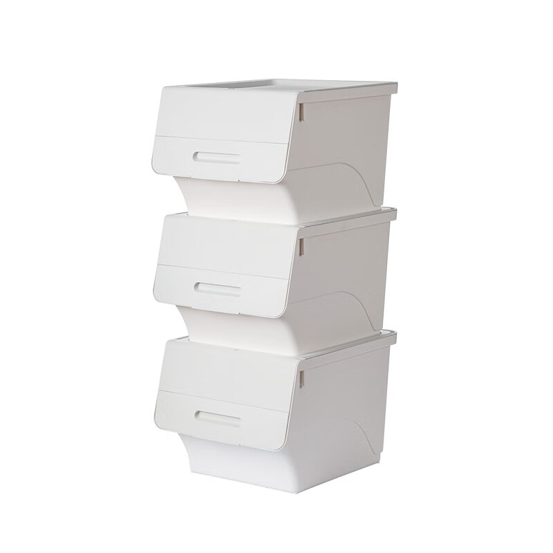 茶花（CHAHUA）收纳箱塑料收纳盒儿童玩具整理箱储物箱斜口前开叠加侧开收纳柜 【浅灰黄】3个装 大号34L【45.5*38*31cm】