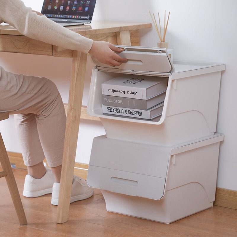 茶花（CHAHUA）收纳箱塑料收纳盒儿童玩具整理箱储物箱斜口前开叠加侧开收纳柜 【浅灰黄】3个装 大号34L【45.5*38*31cm】