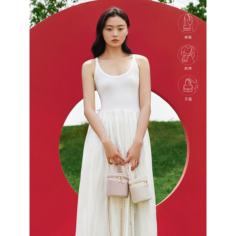 百丽包包女2023夏季新款风琴褶皱mini水桶手提单肩斜挎包X9117BX3 米色 F