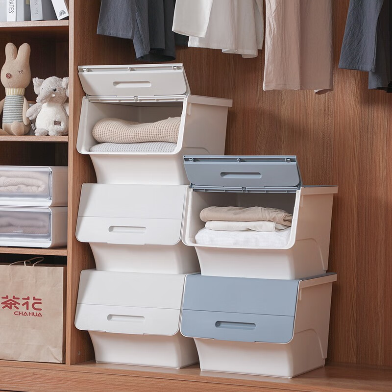 茶花（CHAHUA）收纳箱塑料收纳盒儿童玩具整理箱储物箱斜口前开叠加侧开收纳柜 【浅灰黄】3个装 大号34L【45.5*38*31cm】