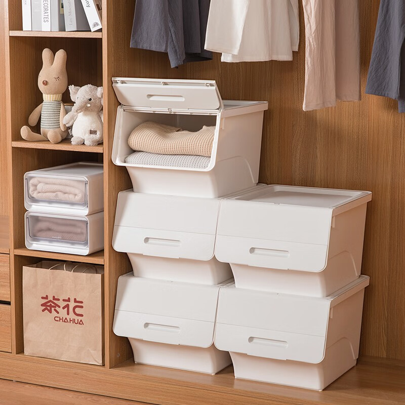 茶花（CHAHUA）收纳箱塑料收纳盒儿童玩具整理箱储物箱斜口前开叠加侧开收纳柜 【浅灰黄】3个装 大号34L【45.5*38*31cm】