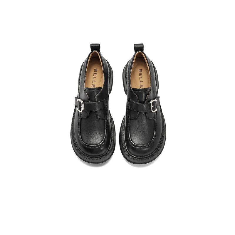 百丽粗跟增高乐福鞋女2023秋季新款羊皮革学院风单鞋B1564CM3预售 黑色 37