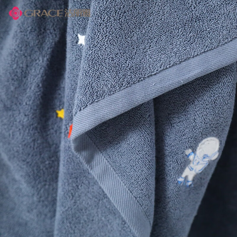 洁丽雅 Grace A类浴巾家用纯棉刺绣速干吸水成人男女不掉毛加厚毛巾婴儿裹巾 灰色星球 135*70cm