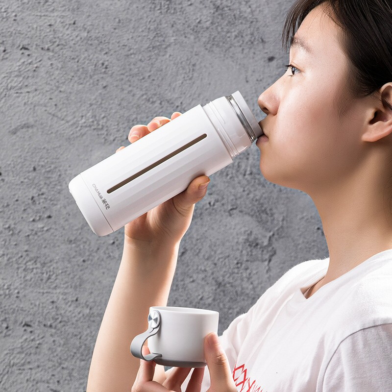 茶花家用带盖玻璃杯男女学生水杯便携泡茶杯带盖两用杯子随手杯 黑色310ml