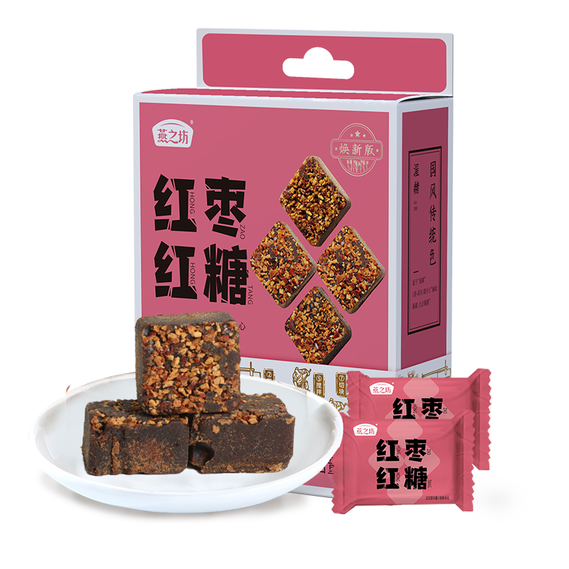 燕之坊 红糖黑糖块纯手工甘蔗古法红糖姜汁玫瑰红阳姜茶单独小包装 红枣红糖216g 【约10~12块/盒 】