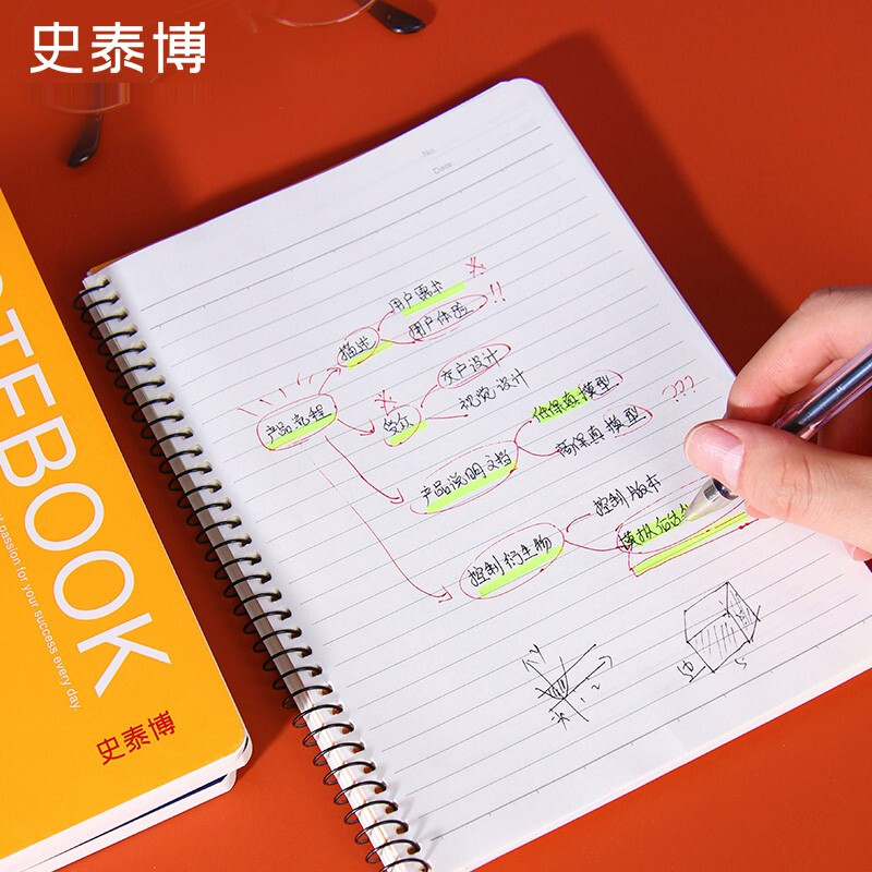 史泰博 PP面螺旋日记本 办公专用记事本会议记录本 学生专用笔记本文具本子 上下翻 加厚 pp封面/A5深海蓝/每本60页/1本/148*2
