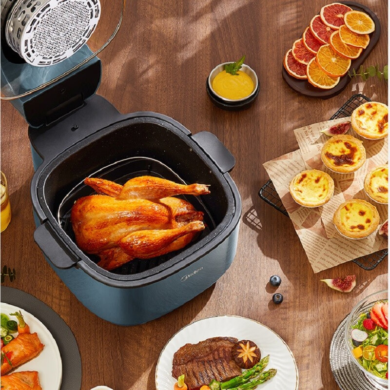 美的（Midea）空气炸锅电子触摸屏定时预约多功能油网可拆洗免翻面热风循环大可视窗大容量6L不粘锅KZC6087 浅蓝色