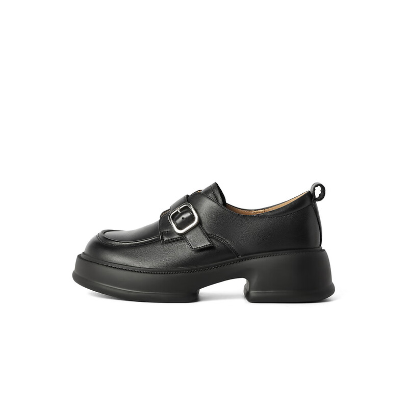 百丽粗跟增高乐福鞋女2023秋季新款羊皮革学院风单鞋B1564CM3预售 黑色 37