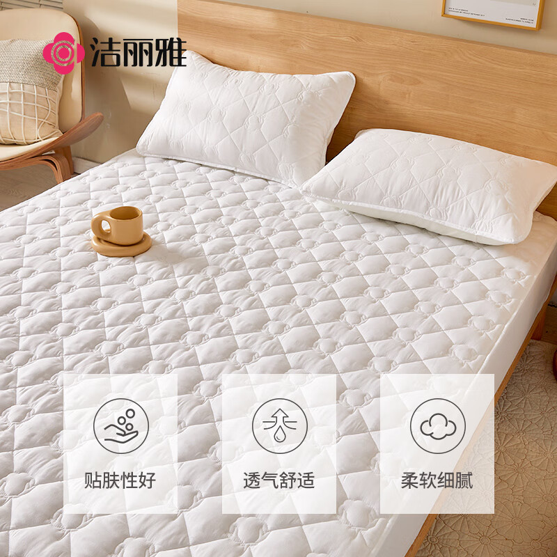 洁丽雅（Grace）100%新疆棉床笠可水洗加厚夹棉床罩床单防尘罩床垫保护套白1.8米