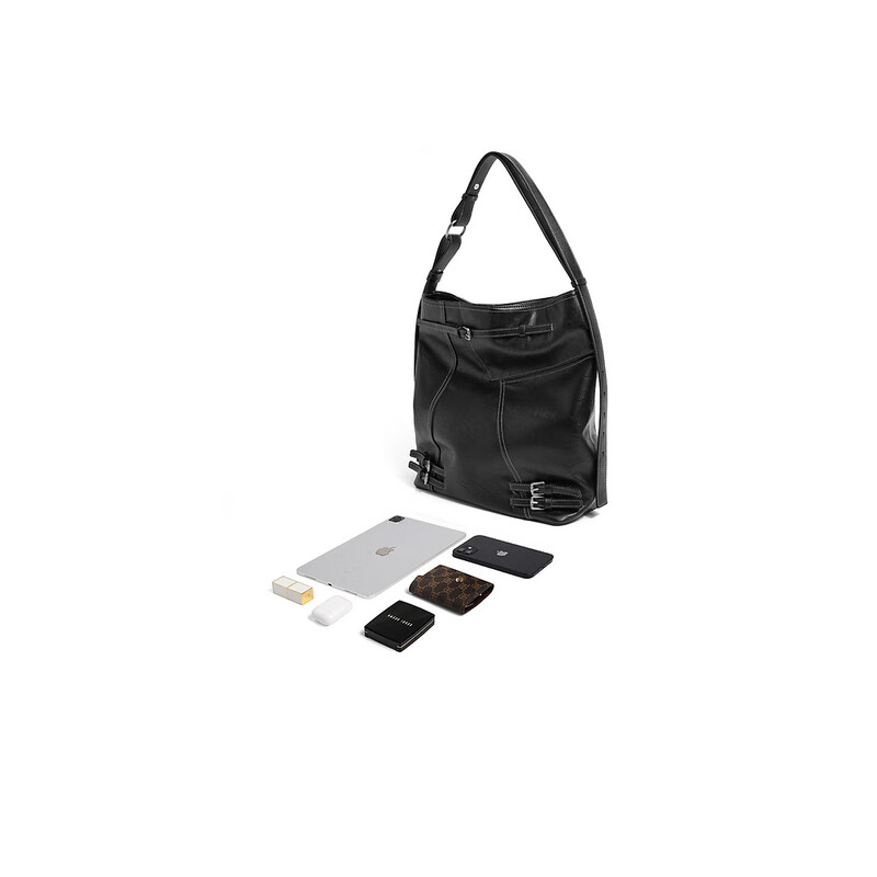 百丽刘雯同款2023冬新女男包时尚酷感牛仔单肩斜挎水桶包X9198DX3预售 黑色 F