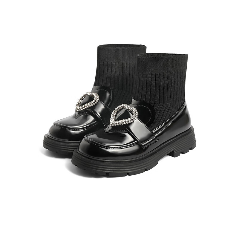 百丽爱心装饰童靴女商场同款甜美低靴A3813D92 黑色 30