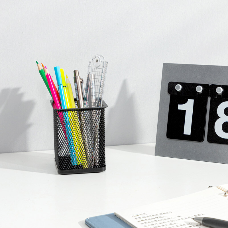 得力（deli）金属网状笔筒笔插圆形方形简约网纹创意桌面化妆刷收纳盒收纳桶笔盒大容量多功能办公用品 方款-金属网格笔筒 9174