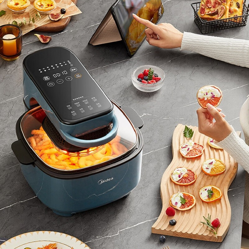 美的（Midea）空气炸锅电子触摸屏定时预约多功能油网可拆洗免翻面热风循环大可视窗大容量6L不粘锅KZC6087 浅蓝色