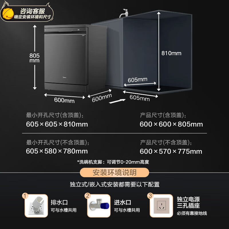 美的（Midea）16套嵌入式洗碗机GX1000S 五臂飓风洗 双驱变频 三星消毒 新一级水效 分层洗 三层碗篮 独立式两用