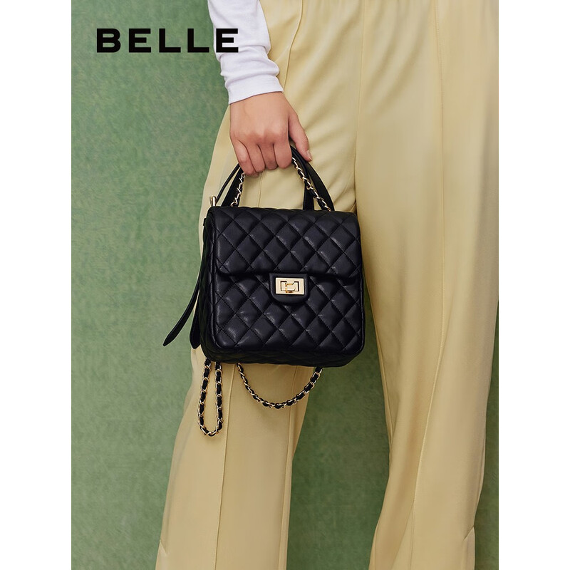 百丽包包女2023秋季新款时尚简约百搭小香风绗缝双肩包X9157CX3 黑色 F