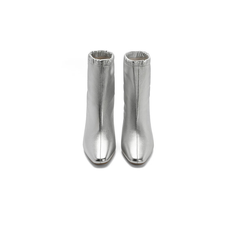 百丽尖头时装靴女2023冬季新款时尚新潮抽绳筒口短靴B1499DD3预售 银色 34