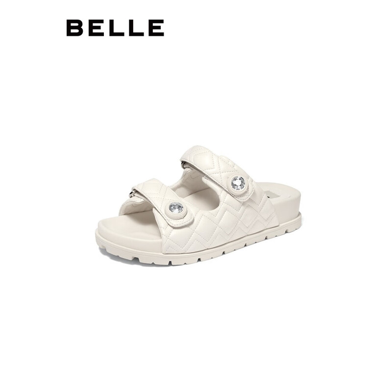 百丽xTOGGLER联名小香风凉拖女2023夏季新款钻饰一字拖3VAB6BT3 米色 36