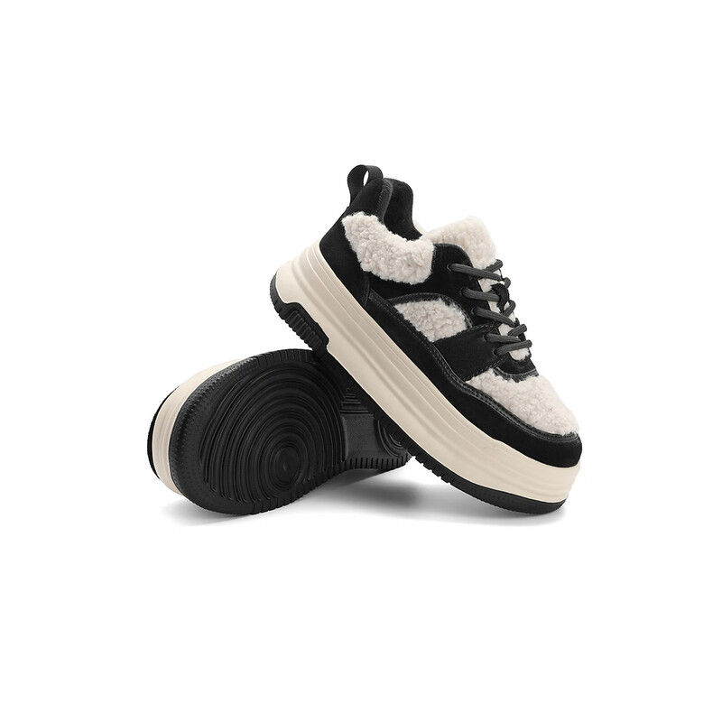 百丽百搭毛毛鞋女2023冬季新款撞色休闲毛毛板鞋B1511DM3预售 黑色 34