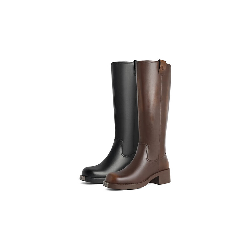 百丽擦色复古骑士靴女2023冬季新款做旧废土风长筒机车靴BAW71DG3预售 黑色 37