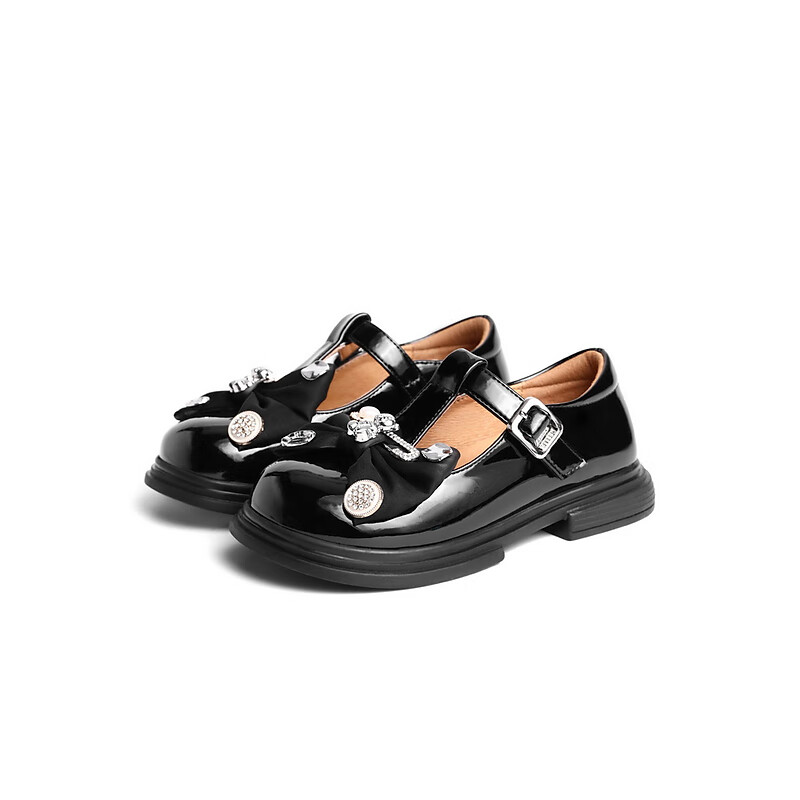 百丽质感童鞋女商场同款可爱蝴蝶结小皮鞋71120C82 黑色 34