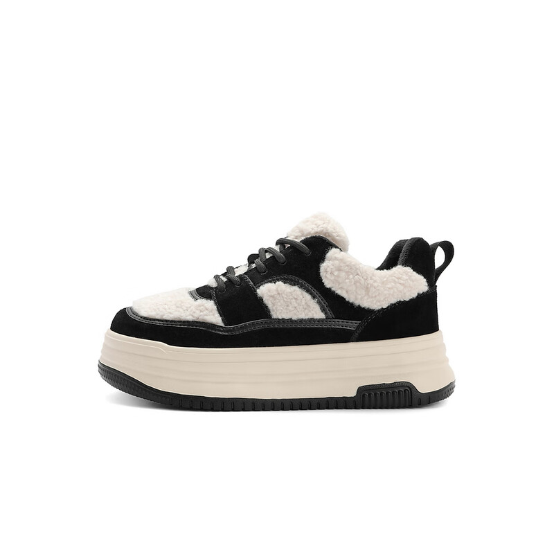 百丽百搭毛毛鞋女2023冬季新款撞色休闲毛毛板鞋B1511DM3预售 黑色 34