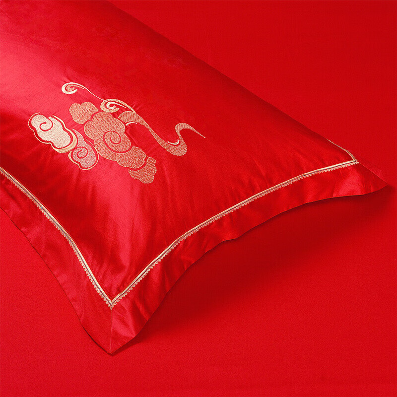 富安娜家纺六件套 纯棉结婚60支长绒棉婚庆刺绣套件双人加大1.8米床