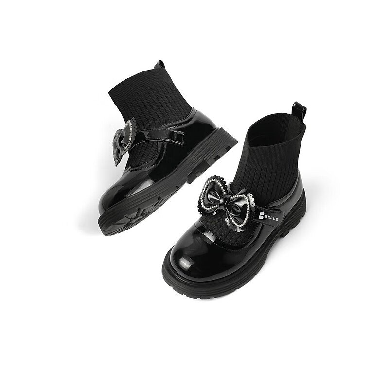 百丽蝴蝶结童靴女商场同款甜美袜靴A3812D92 黑色 31