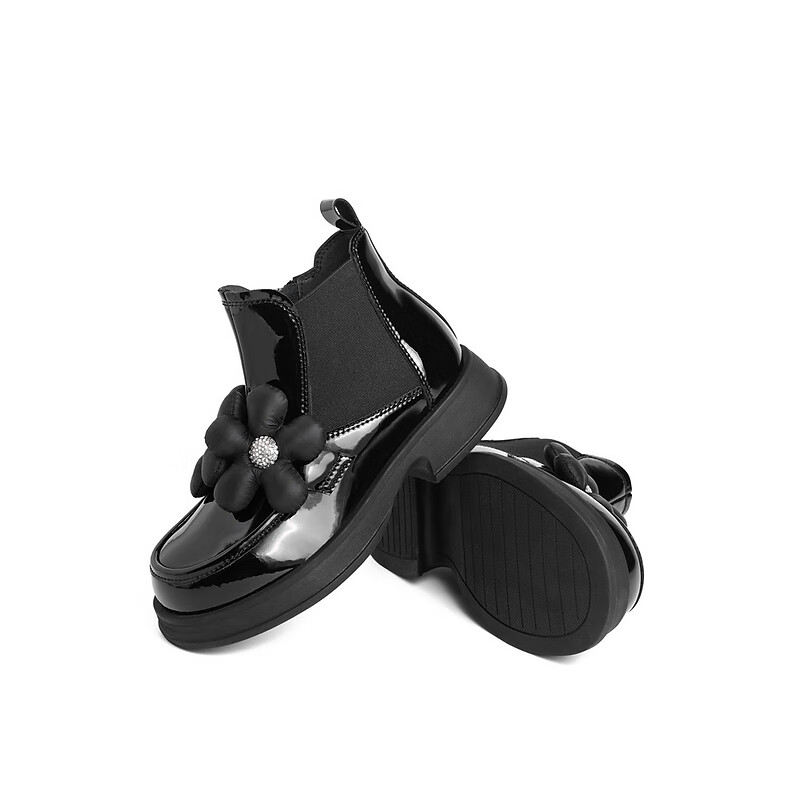 百丽立体花朵短靴女商场同款甜美切尔西靴3I445D92 黑色 32