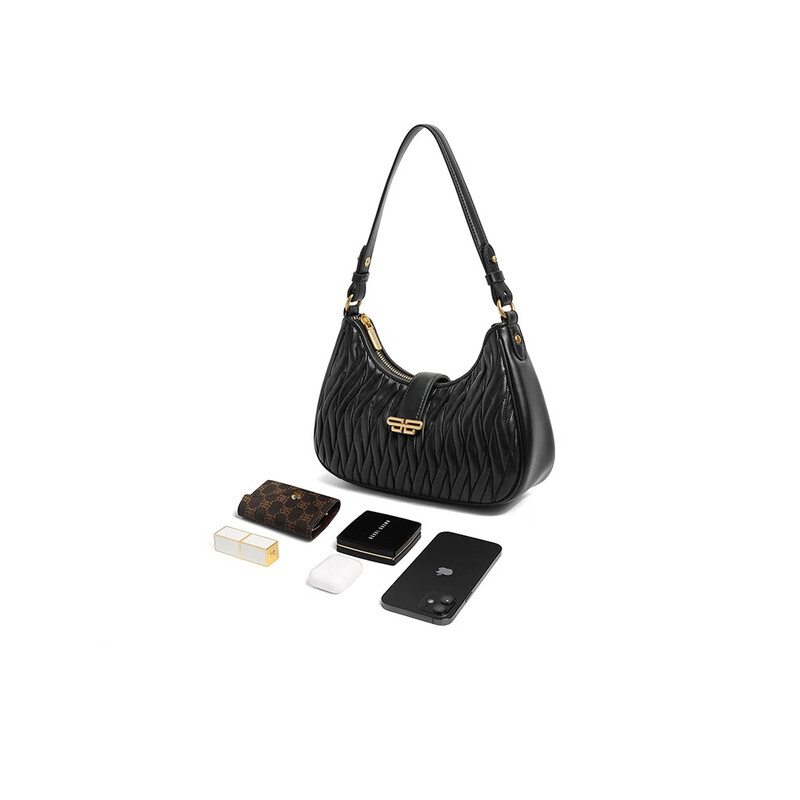 百丽包包2023秋新气质优雅褶皱单肩腋下包X9162CX3预售 黑色 F