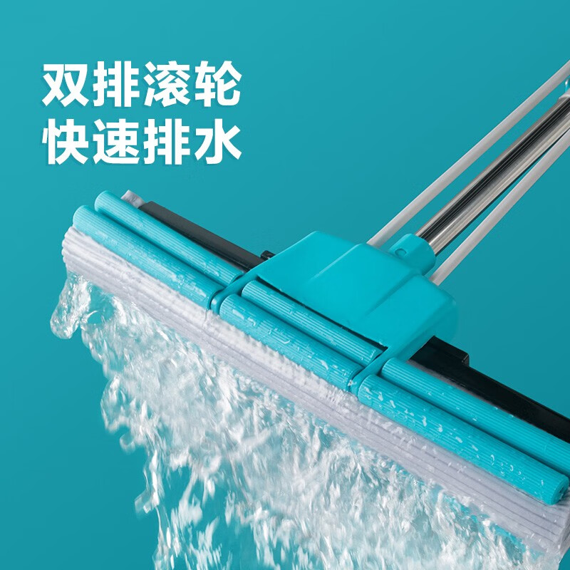 茶花海绵滚轮拖把免手洗2023新款家用拖地神器胶棉吸水地拖 【蓝大号】洁境滚轮胶棉拖
