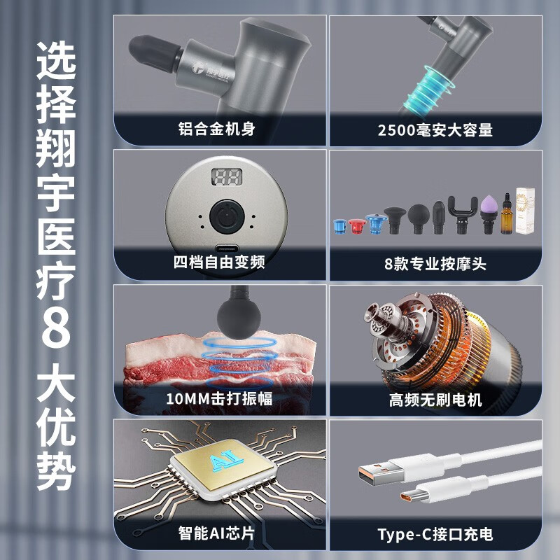 翔宇医疗 深层肌肉刺激仪XY-DMS-103C精油SPA专业筋膜枪康复理疗仪肌肉按摩放松器健身运动 合金机身+8款按摩头+精油+收纳盒