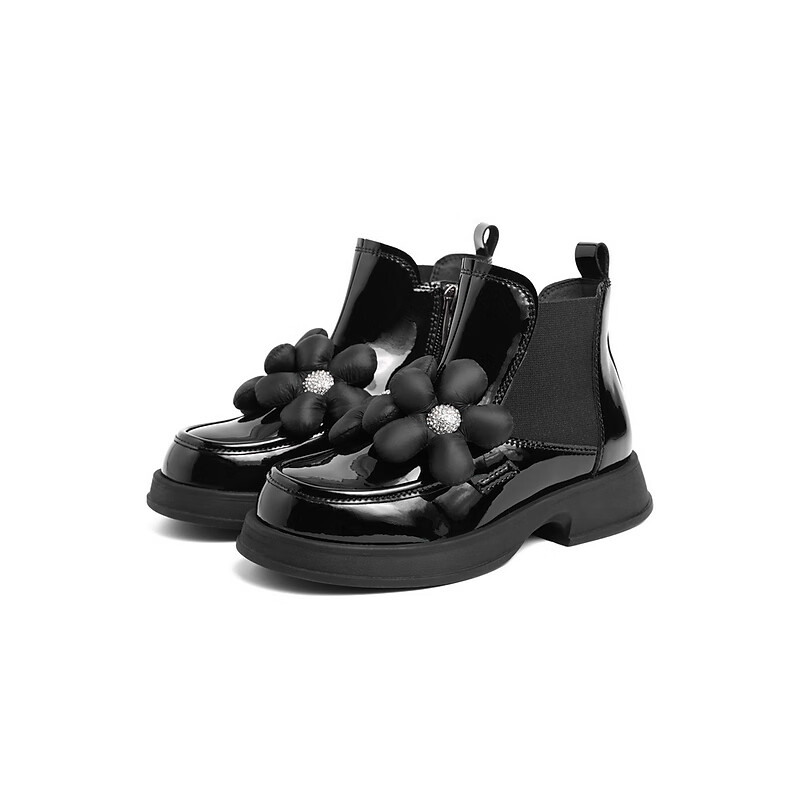 百丽立体花朵短靴女商场同款甜美切尔西靴3I445D92 黑色 32