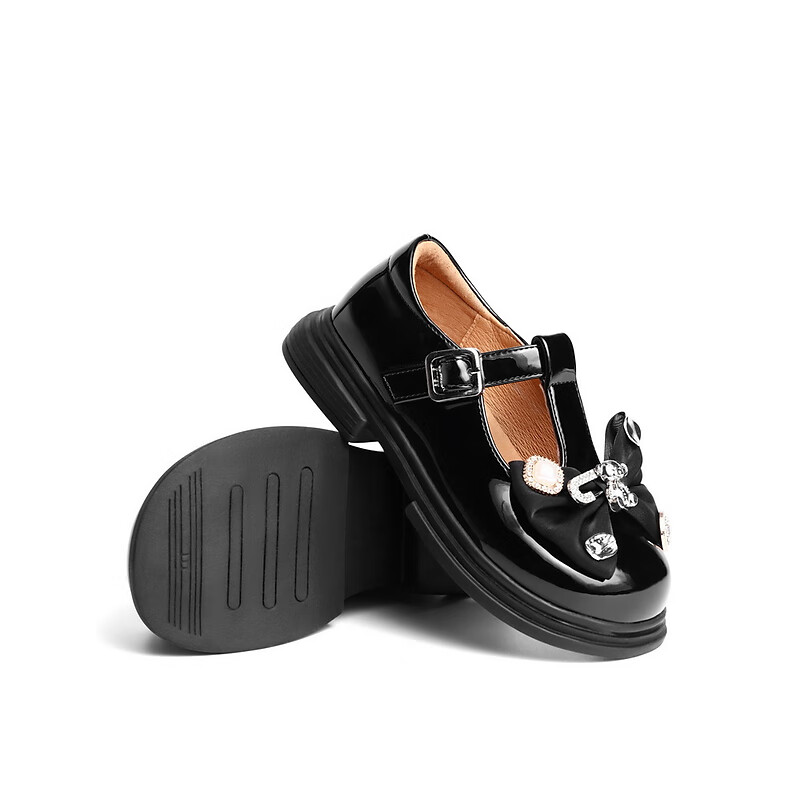 百丽质感童鞋女商场同款可爱蝴蝶结小皮鞋71120C82 黑色 34