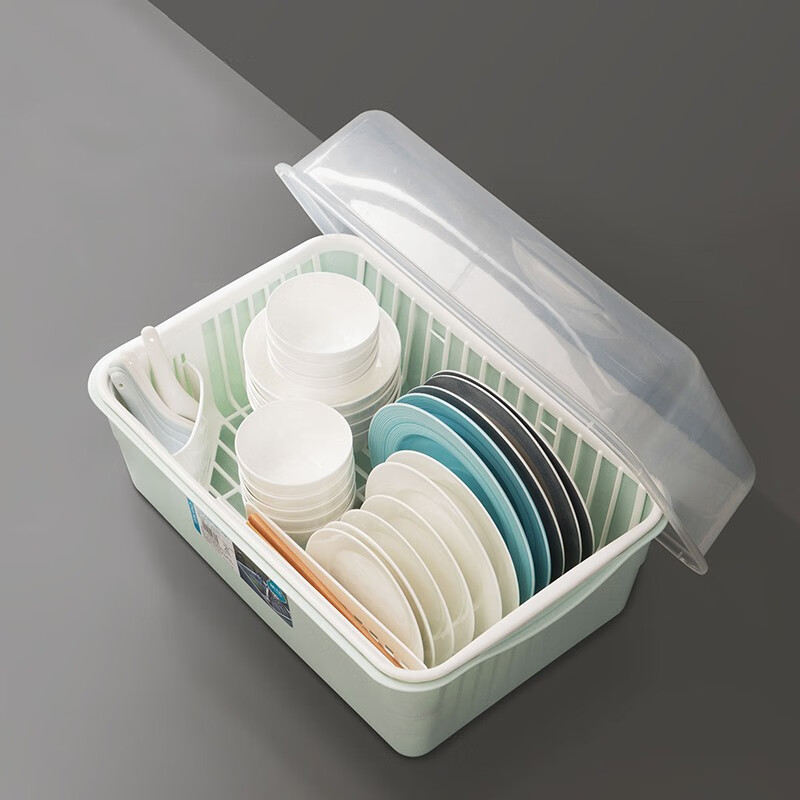 茶花（CHAHUA） 茶花欧式带盖碗碟架放碗架收纳盒沥水架装碗筷收纳箱碗柜置物 蓝色 【大号】【1817可立碟/带筷筒/分体式盖】