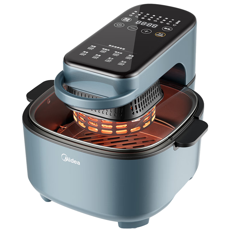 美的（Midea）空气炸锅电子触摸屏定时预约多功能油网可拆洗免翻面热风循环大可视窗大容量6L不粘锅KZC6087 浅蓝色