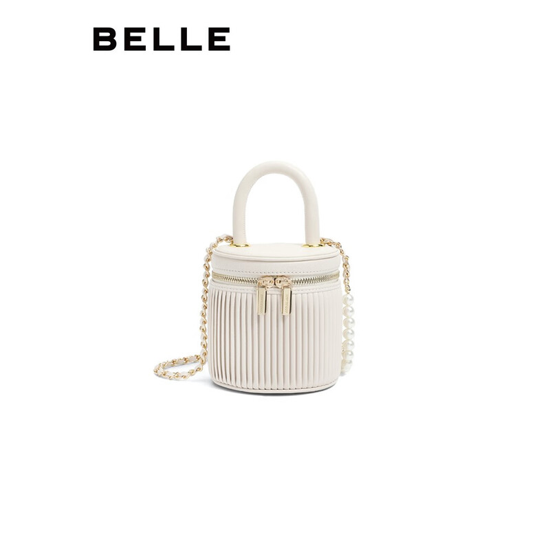 百丽包包女2023夏季新款风琴褶皱mini水桶手提单肩斜挎包X9117BX3 米色 F