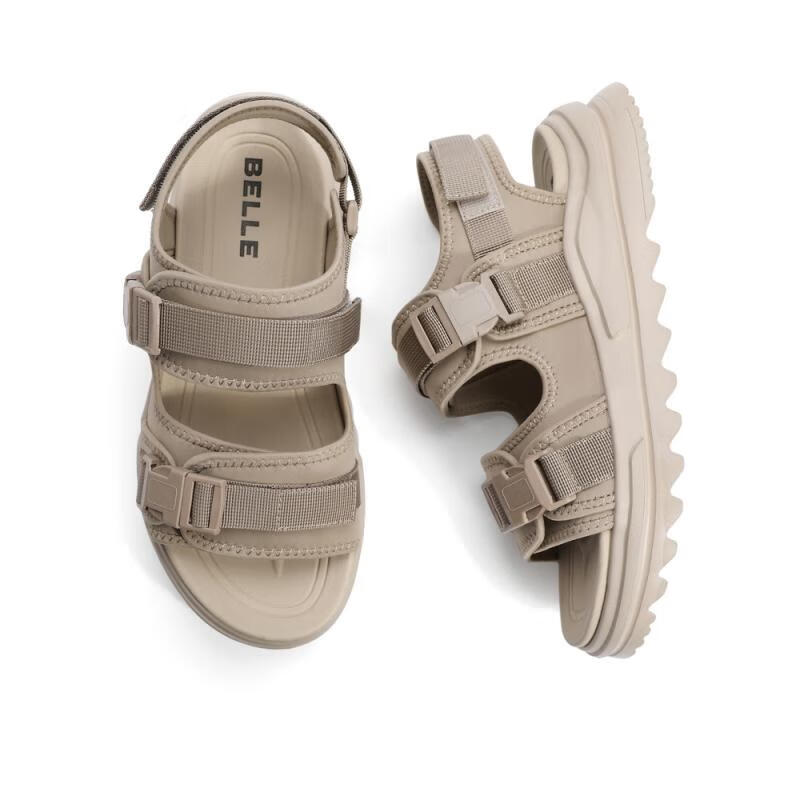 百丽沙滩凉鞋男便捷魔术贴舒适户外休闲运动凉鞋A0742BL2 卡其色 38