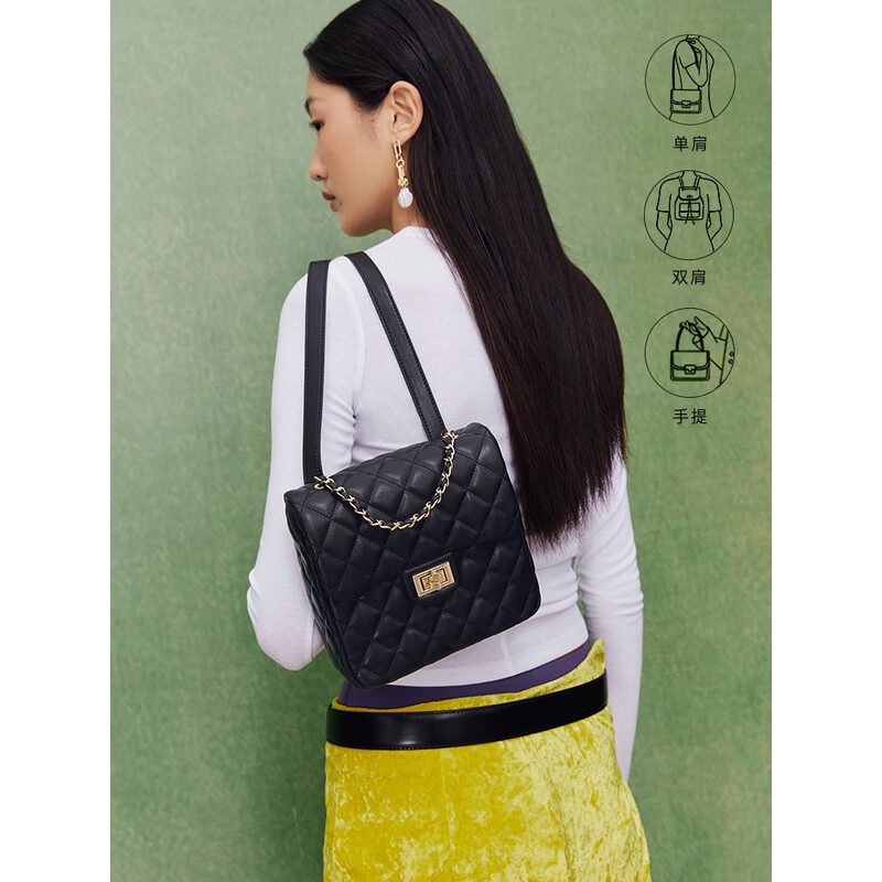 百丽包包女2023秋季新款时尚简约百搭小香风绗缝双肩包X9157CX3 黑色 F