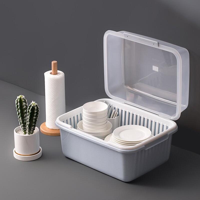 茶花（CHAHUA） 茶花欧式带盖碗碟架放碗架收纳盒沥水架装碗筷收纳箱碗柜置物 蓝色 【大号】【1817可立碟/带筷筒/分体式盖】