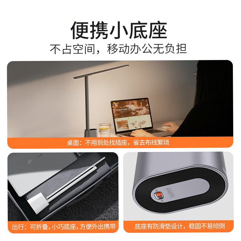 倍思（Baseus）智能台灯 阅读灯学习工作小夜灯无线可充电折叠便携卧室学生宿舍 折叠款【智能调光丨充插两用】灰