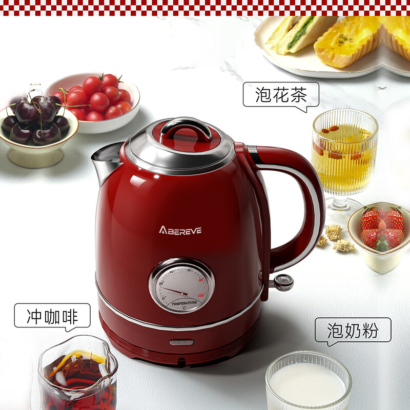 Abereve欧式电热水壶 可视温度表高颜值复古红煲水壶 大容量1.3L 家用自动断电304不锈钢烧水壶ABL-SH1314 1.3L